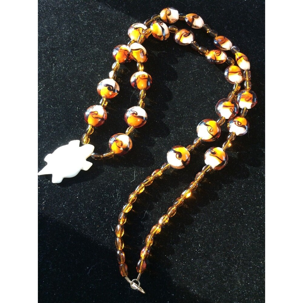 Artisan Glass Beaded 34 In Necklace With Bone Turtle Pendant Vintage Beads